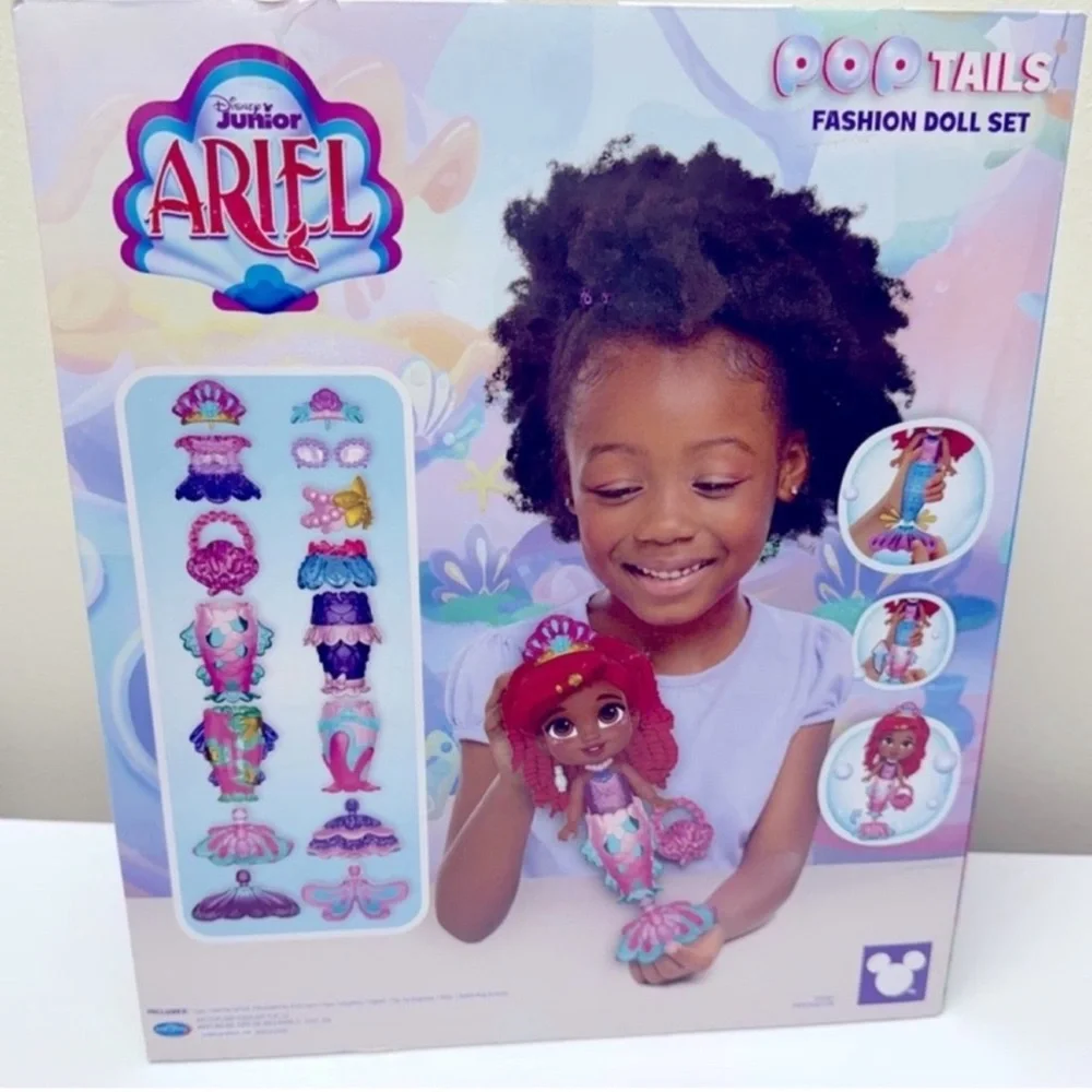 New Disney Junior ARIEL Pop Tails Fashion Doll Playset with Storage Case, 17 Pcs